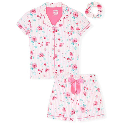 Sleep On It Girls 2-Piece Short-Sleeve Button Down Collared Coat Pajama Set with Matching Scrunchie - Toddler Pajamas to Girls Pajama Sets