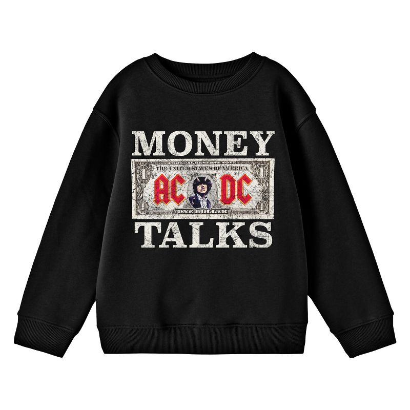 ACDC Money Talks Distressed Graphic Crew Neck Long Sleeve Boy's Black Sweatshirt