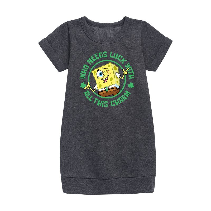 Girls' - SpongeBob Squarepants - Who Needs Luck With This Charm Graphic Short Sleeve Fleece Dress