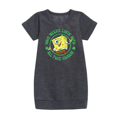 Girls' - SpongeBob Squarepants - Who Needs Luck With This Charm Graphic Short Sleeve Fleece Dress
