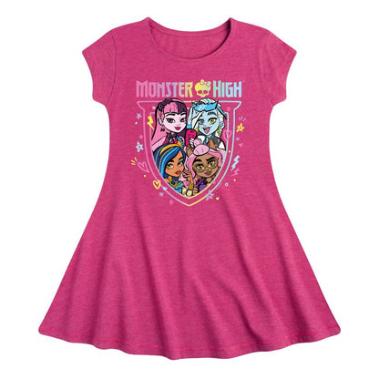فستان بناتي من Monster High - فستان Clawdeen Cleo Draculaura Frankie Rainbow Logo Fit &amp; Flair بأكمام قصيرة