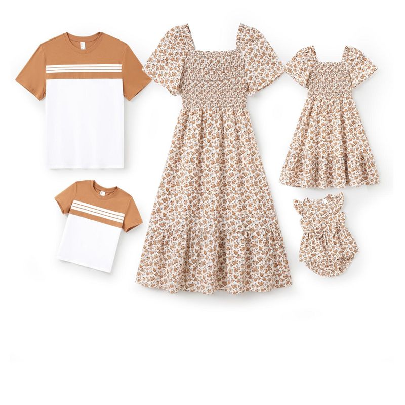 PATPAT Family Matching Outfits Boho Floral Print Square Neck Puff Sleeve Smocked Dress and Short Sleeve T-Shirts Matching Set
