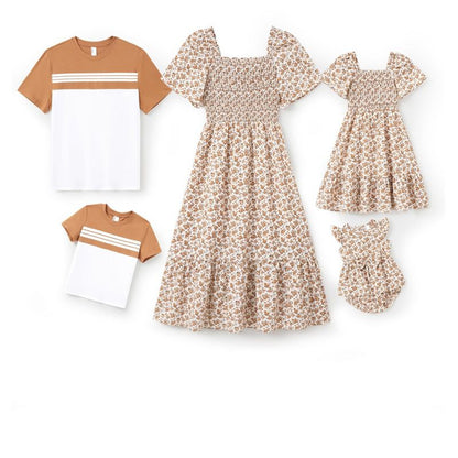 PATPAT Family Matching Outfits Boho Floral Print Square Neck Puff Sleeve Smocked Dress and Short Sleeve T-Shirts Matching Set