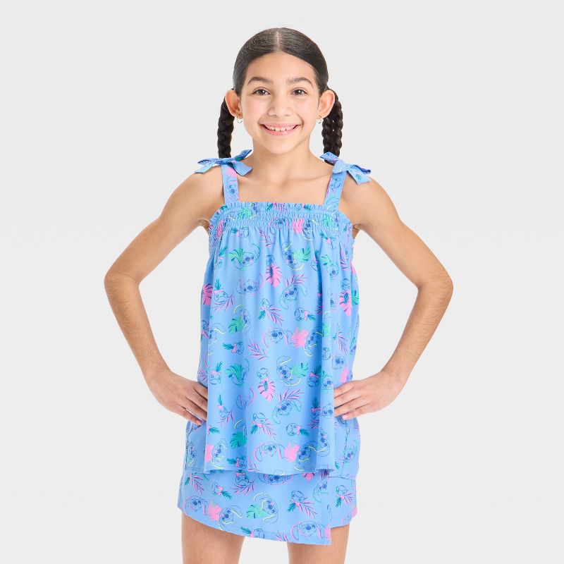 Girls' Disney Stitch Smocked Swing Tank Top with Tie Straps - Blue