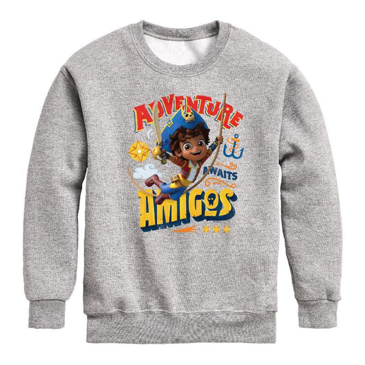 Boys' - Santiago of The Seas - Adventure Awaits Amigos Graphic Long Sleeve Fleece Sweatshirt
