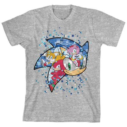 تي شيرت بأكمام قصيرة من Bioworld Sonic the Hedgehog Mosaic Modern Character Art Youth Heather Grey