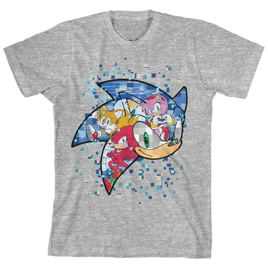 تي شيرت بأكمام قصيرة من Bioworld Sonic the Hedgehog Mosaic Modern Character Art Youth Heather Grey