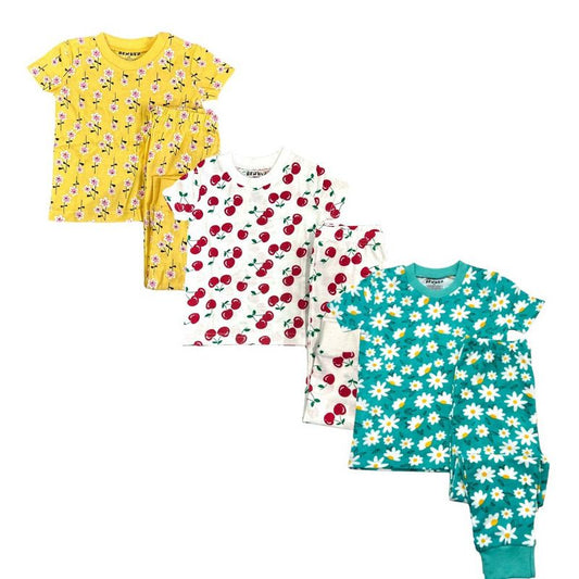 BenBen Kids 3 Pack Pajamas shortsleeve set - Yellow Flowers/Cherries/Sunflowers