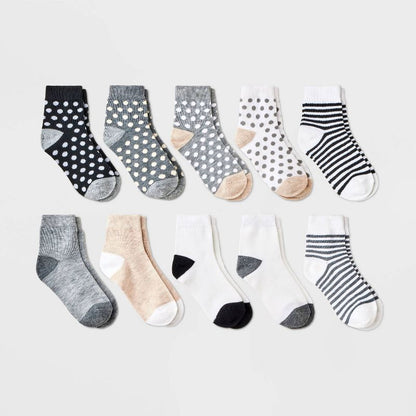 Girls' 10pk Lightweight Ankle Striped & Dotted Socks - Cat & Jack™ Gray