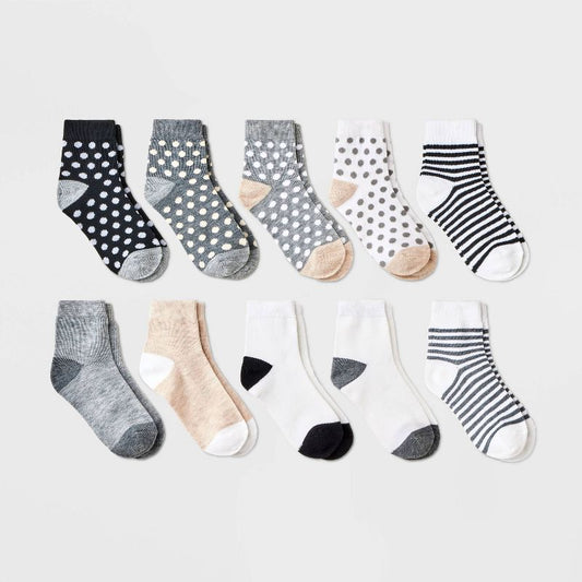 Girls' 10pk Lightweight Ankle Striped & Dotted Socks - Cat & Jack™ Gray