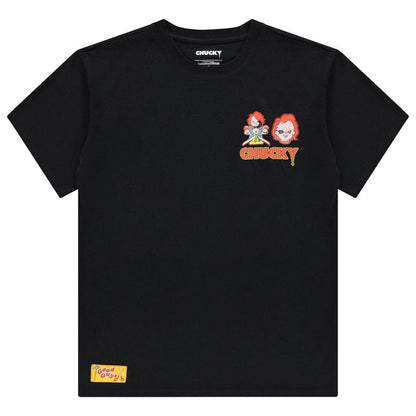 Chucky Men's Child's Play T-Shirt - Front and Back Print and Rubber Patch - Good Guy - Official Merchandise Horror Tee, black rubber