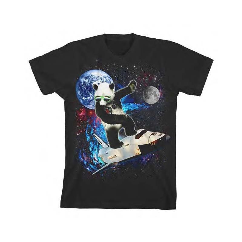 تي شيرت أسود للأولاد عليه صورة باندا يركب الأمواج في الفضاء