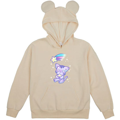 Kawaii Cat Shooting Star Youth Off-White Long Sleeve Hooded Sweatshirt With 3D Bear Ears