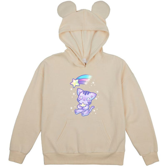 Kawaii Cat Shooting Star Youth Off-White Long Sleeve Hooded Sweatshirt With 3D Bear Ears