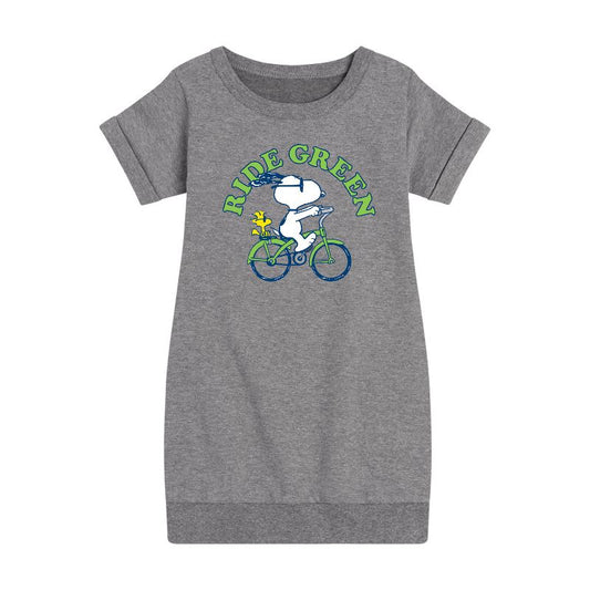 Girls' - Peanuts - Ride Green Graphic Short Sleeve Fleece Dress