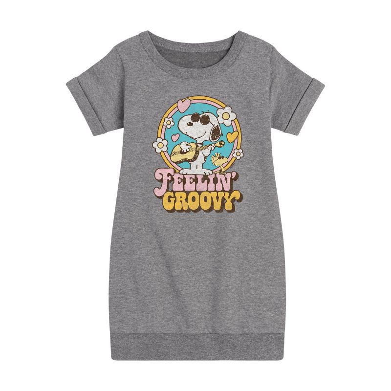 Girls' - Peanuts - Feelin Groovy Snoopy And Woodstock Graphic Short Sleeve Fleece Dress