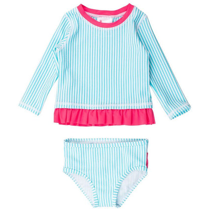 RuffleButts Girls UPF50+ Seersucker Long Sleeve Rash Guard Bikini