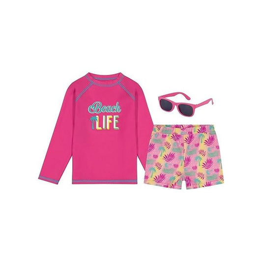 Girls and Boys Swim Set with Long Sleeve Rash Guard, Swim Shorts, and Sunglasses,  Kids Ages 3T-8 Years