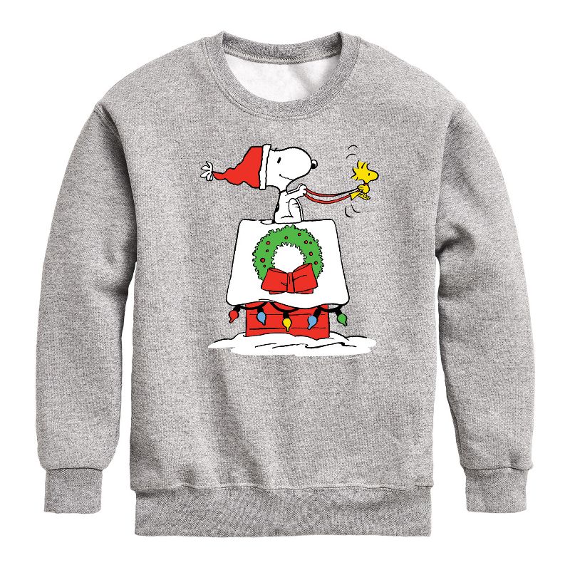 Boys' - Peanuts - Snoopy & Woodstock House Sleigh Graphic Long Sleeve Fleece Sweatshirt