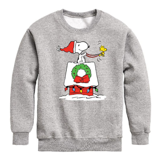 Boys' - Peanuts - Snoopy & Woodstock House Sleigh Graphic Long Sleeve Fleece Sweatshirt