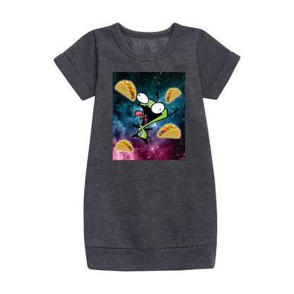 فستان بناتي من Invader ZIM - GIR Loves Tacos in Space Graphic بأكمام قصيرة من الصوف