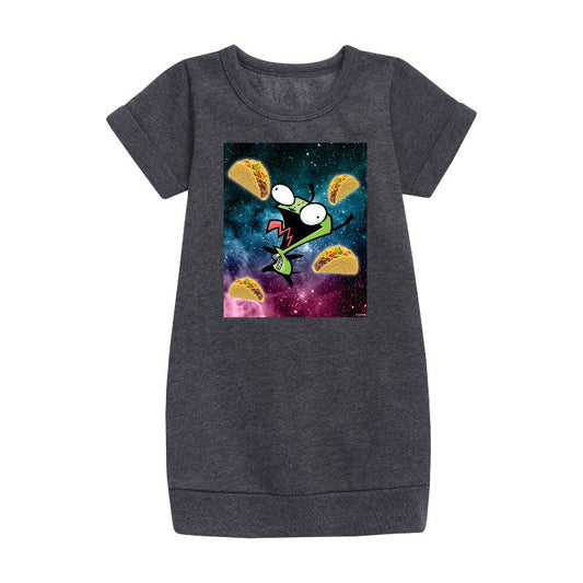 Girls' - Invader ZIM - GIR Loves Tacos in Space Graphic Short Sleeve Fleece Dress