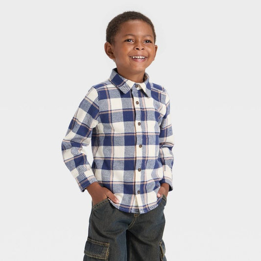 قميص منقوش بأكمام طويلة للأولاد الصغار من OshKosh B'gosh - أزرق داكن