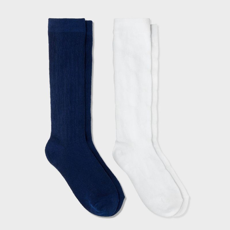 Girls' 2pk Knee High Socks - Cat & Jack™ Navy Blue/White