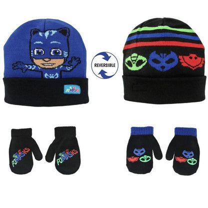 مجموعة قبعة شتوية قابلة للعكس من PJ Masks مع زوجين من القفازات، للأولاد من عمر سنتين إلى ٧ سنوات