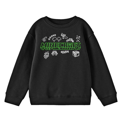 Minecraft Doodle Logo Crew Neck Long Sleeve Youth Black Sweatshirt