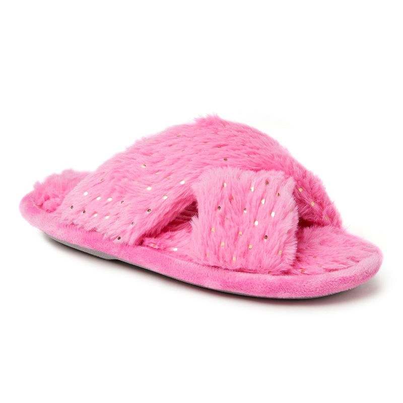 Dearfoams Kid's Girls Ava Crisscross Fuzzy Sparkle Slide Slipper