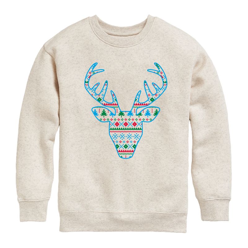 Boys' - Instant Message - Pixel Sweater Deer Christmas Graphic Long Sleeve Fleece Sweatshirt