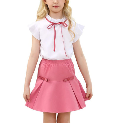 Girls Skirts with Ruffle Sleeve Tops Tie Detail Skirts Ruffled Trim Girls Tops with Pleated Flutter Skirts