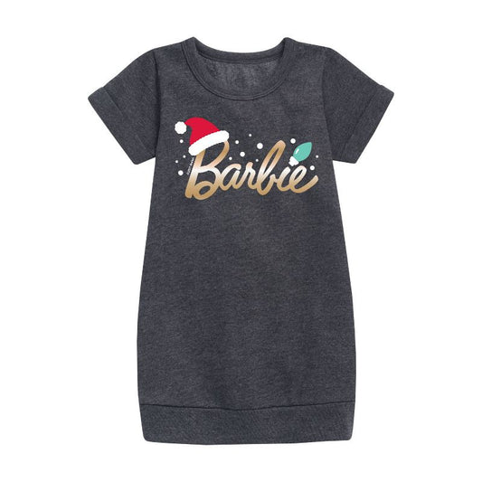 Girls' - Barbie - Barbie Logo Santa Hat Graphic Short Sleeve Fleece Dress