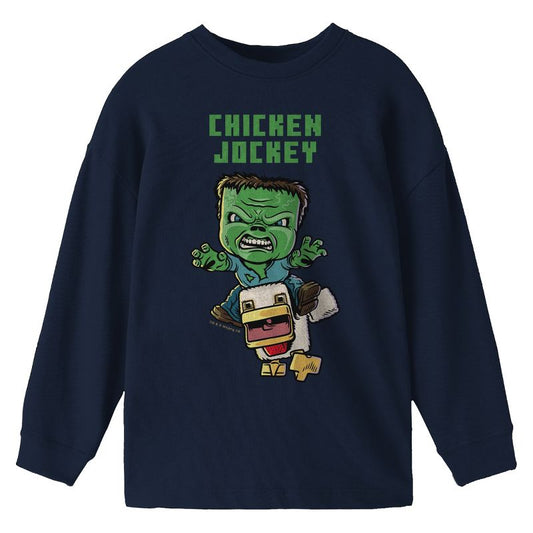 A Minecraft Movie Chicken Jockey Youth Navy Crew Neck Long Sleeve Tee