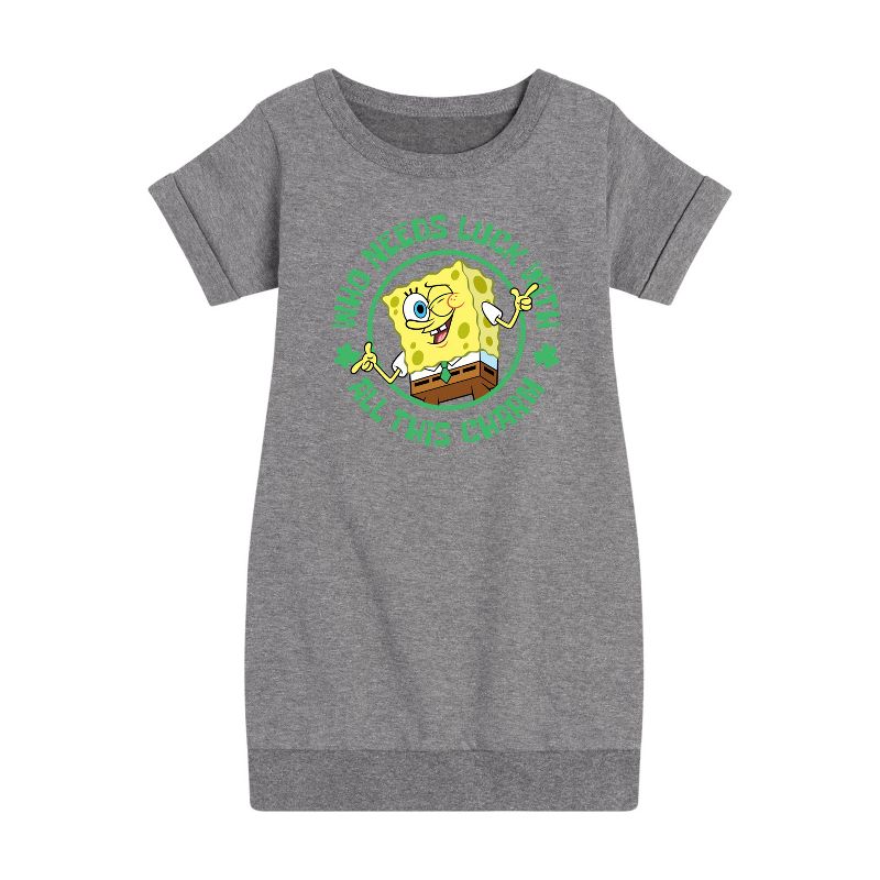 Girls' - SpongeBob Squarepants - Who Needs Luck With This Charm Graphic Short Sleeve Fleece Dress