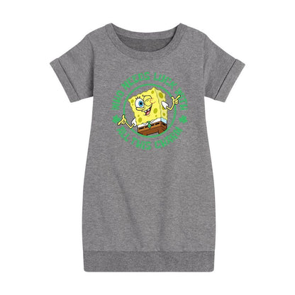 Girls' - SpongeBob Squarepants - Who Needs Luck With This Charm Graphic Short Sleeve Fleece Dress