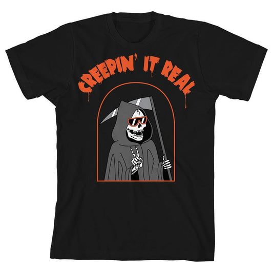 Kids Halloween Peace Sign Grim Reaper Creepin' It Real Unisex Youth Black Short Sleeve Crew Neck Tee