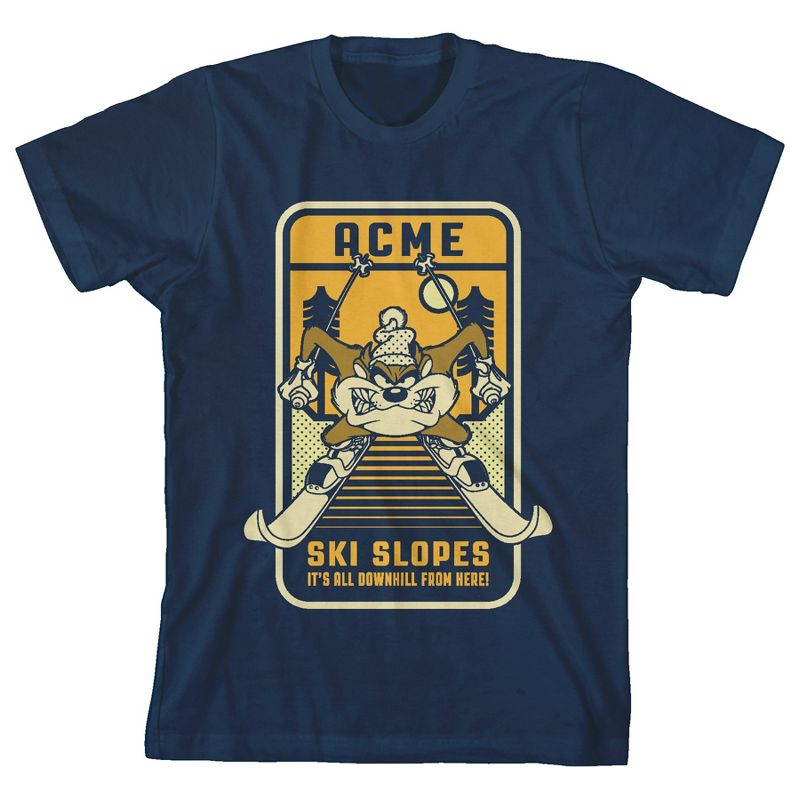 تي شيرت لوني تونز ACME Ski Slope It's All Downhill From Here للأولاد باللون الأزرق الداكن