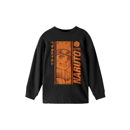قميص ناروتو الكلاسيكي البرتقالي أحادي اللون للأولاد باللون الأسود بأكمام طويلة