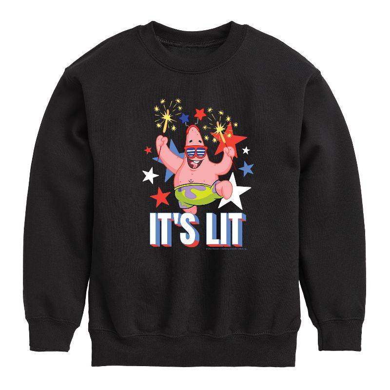 Boys' - SpongeBob SquarePants - Lit Fireworks Patrick Graphic Long Sleeve Fleece Sweatshirt