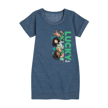 فستان باربي - مجموعة لاكي - فستان صوف بأكمام قصيرة مطبوع عليه رسومات للبنات