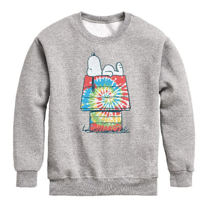 Boys' - Peanuts - Snoopy Tie Dye House Graphic Long Sleeve Fleece Sweatshirt