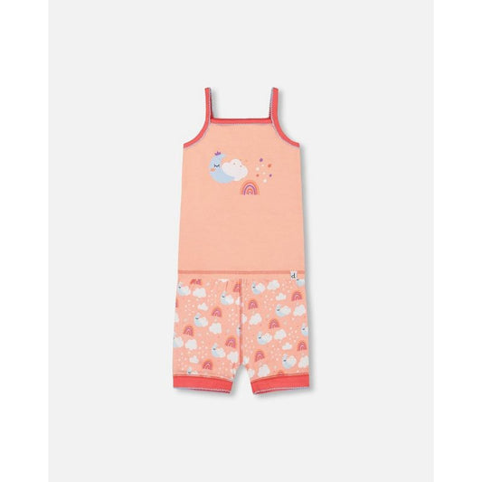 Deux par Deux Girl Organic Cotton Tank Top and Shorts Pajama Set Rainbow on Light Coral
