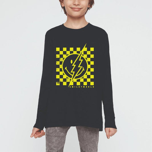 تي شيرت شبابي بأكمام طويلة من مجموعة The Juniper Shop SmileyWorld Checkered Lightning Distressed Youth