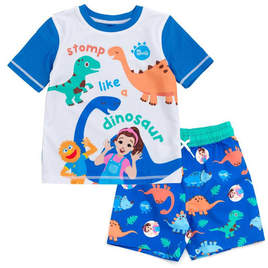 Ms. Rachel Dinosaur UPF 50+ Raglan Rash Guard and Swim Trunks Outfit Set