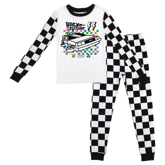 Back To The Future Delorean Long Sleeve Shirt & Checkerboard Sleep Pajama Pants Set