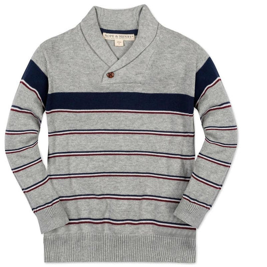 Hope & Henry Boys'  Long Sleeve Shawl Collar Sweater with Engineered Stripe, Kids