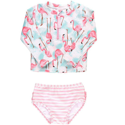 RuffleButts Baby/Toddler Girls UPF50+ Long Sleeve Zipper Rash Guard 2-Piece