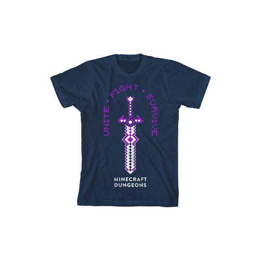 تي شيرت للأولاد باللون الأزرق الداكن من Minecraft Dungeons Sword Unite Fight Survive